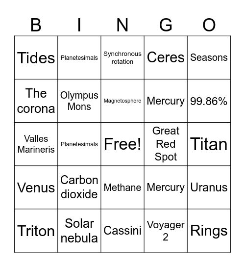 Space Project Bingo Card