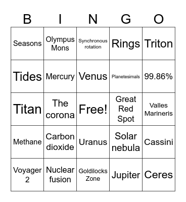 Space Project Bingo Card