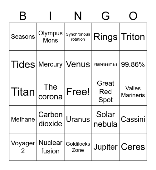Space Project Bingo Card