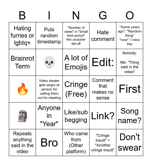 Youtube Comments Bingo Card