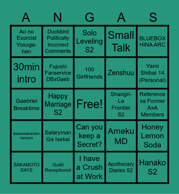 AxA 2025 Winter Anime Bingo Card