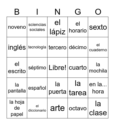 En la escuela Bingo Card