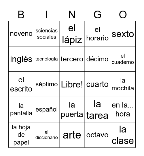 En la escuela Bingo Card