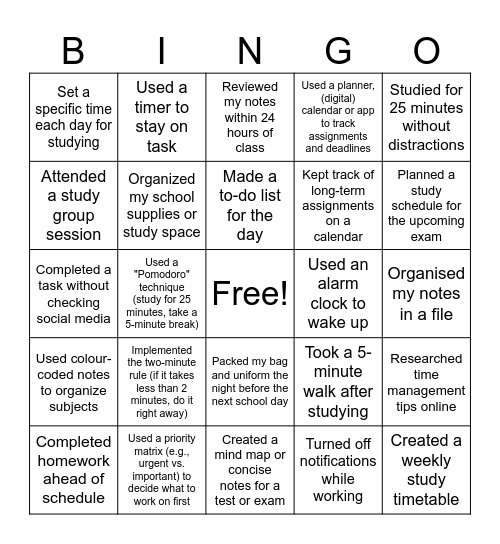 CRP: Time Management BINGO Card
