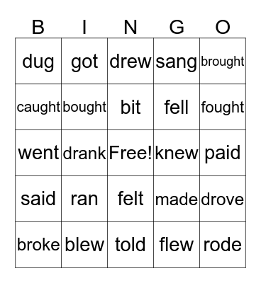 Irregular Verbs Bingo Card