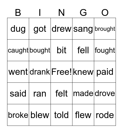 Irregular Verbs Bingo Card