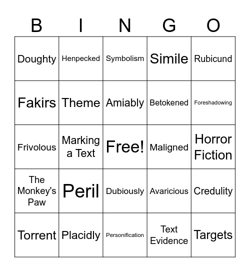 The Monkey's Paw Bingo Card
