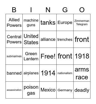 World War One Bingo Card