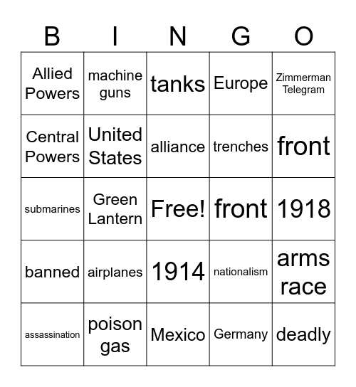 World War One Bingo Card