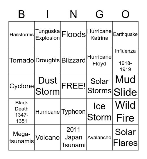 natural disasters bingo