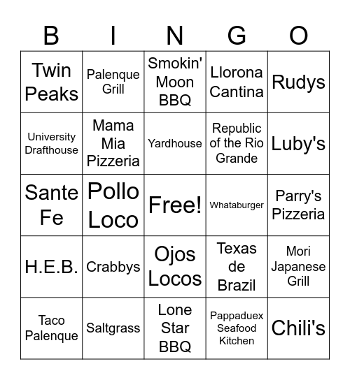 McAllen Restaurants Bingo Card
