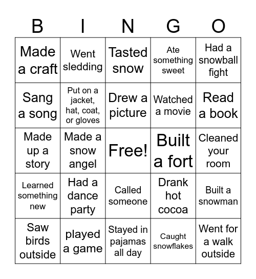 Snow Day Bingo Card