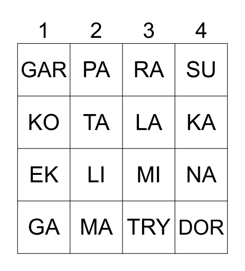 Bingo Sylabowe Bingo Card