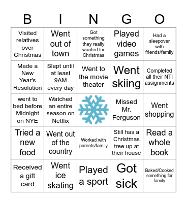 Human Bingo - Winter Break Edition Bingo Card