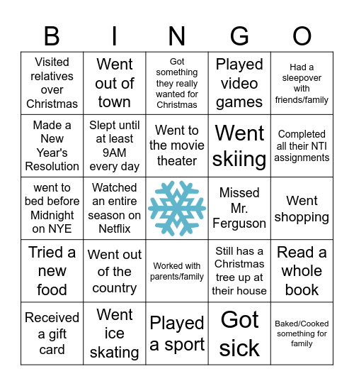 Human Bingo - Winter Break Edition Bingo Card