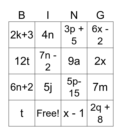 Equivalent Expressions Bingo Card