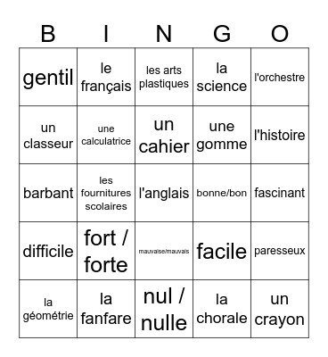 L'école Bingo Card