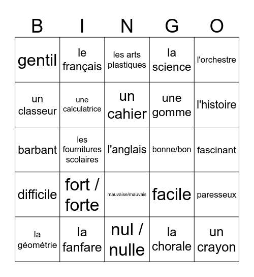 L'école Bingo Card