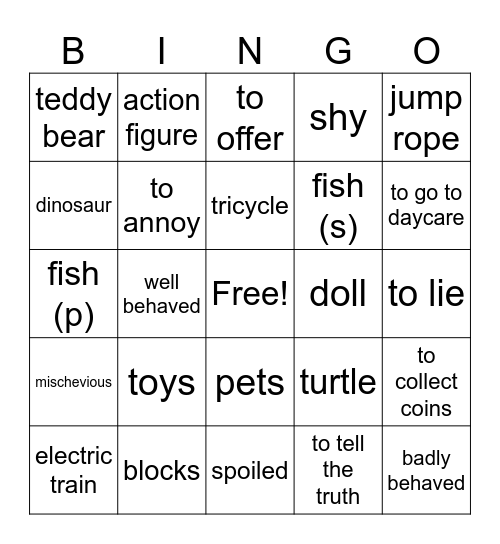 Childhood Vocabulary Bingo Card