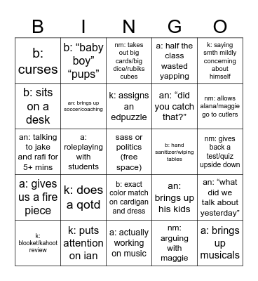 teacher bingo Card