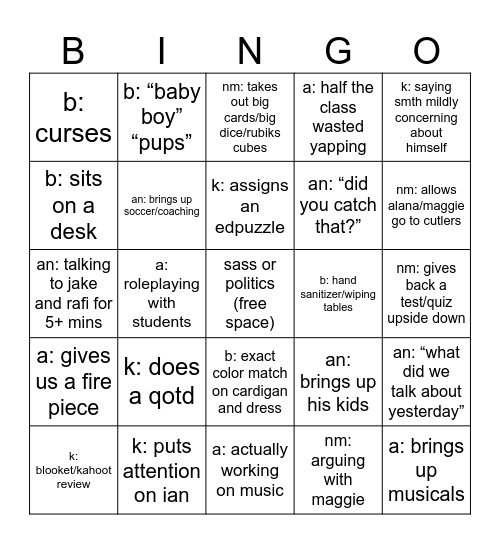 teacher bingo Card