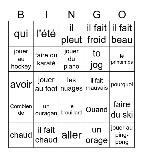 Quel temps fait-il? Bingo Card