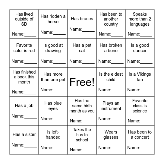 Classmate Bingo! Bingo Card