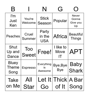 Musical Bingo Card