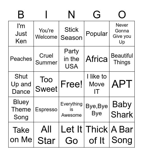 Musical Bingo Card