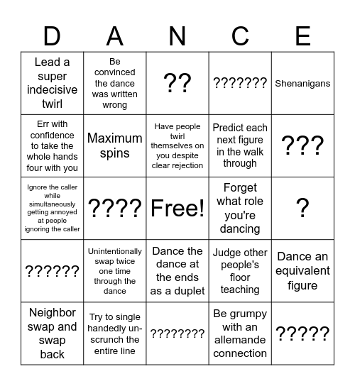 Tommy's Dance Bingo Card