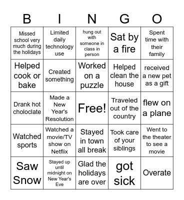 SCE Break Bingo Card