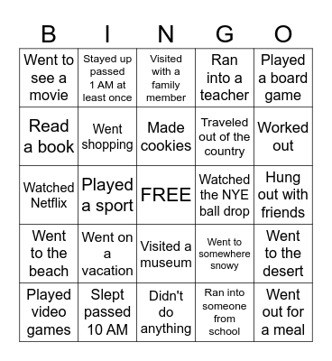 Back to School Bingo- Winter Break addition Bingo Card