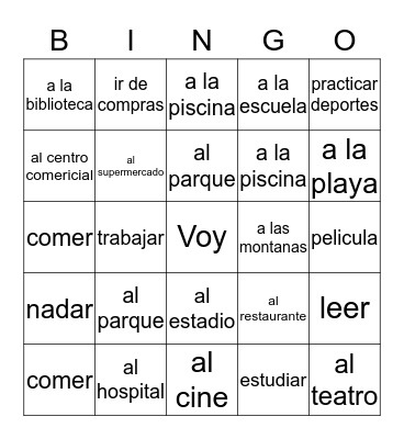 Lugares y Verbos Bingo Card
