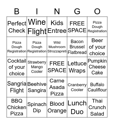 California Pizza Kitchen Black Out Bingo Card