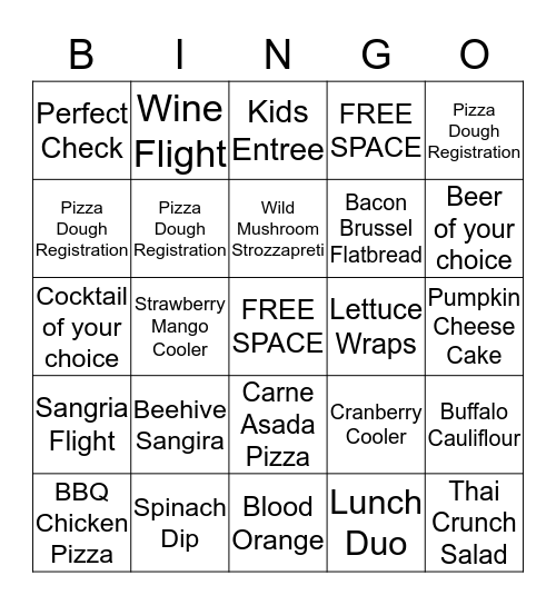 California Pizza Kitchen Black Out Bingo Card