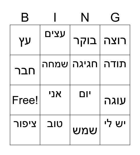 chapter 9 review Shalom Ivrit book 1 Bingo Card