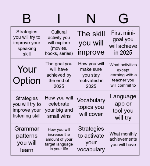 Your 2025 Language Goals Bingo Card