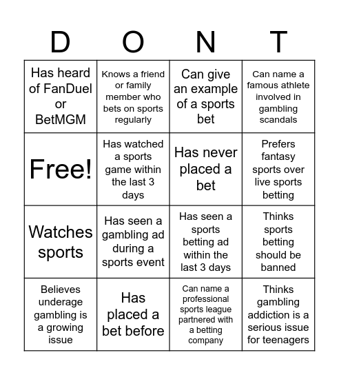 Sports Betting Bingo Card