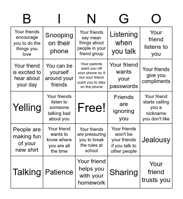 Healthy vs Unhealthy Bingo Card
