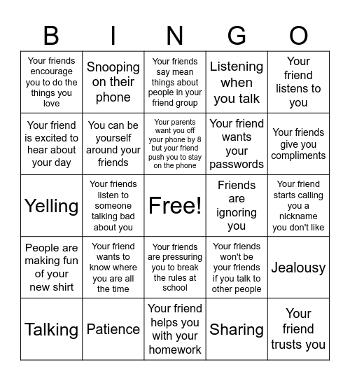 Healthy vs Unhealthy Bingo Card