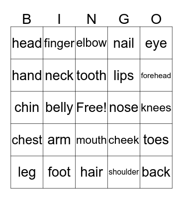 body parts Bingo Card