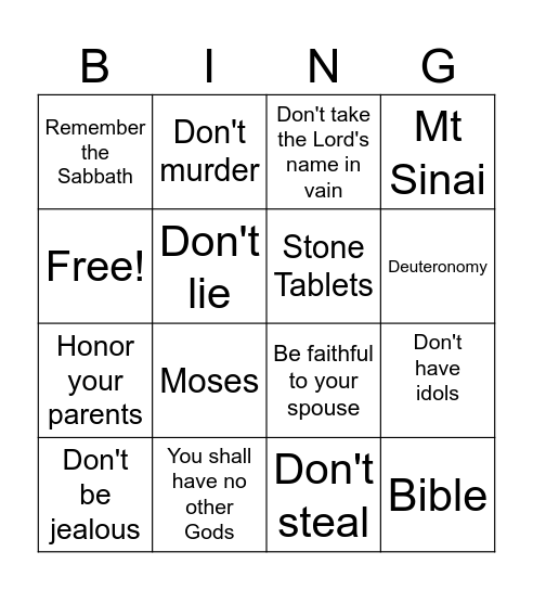 10 COMMANDMENTS Bingo Card