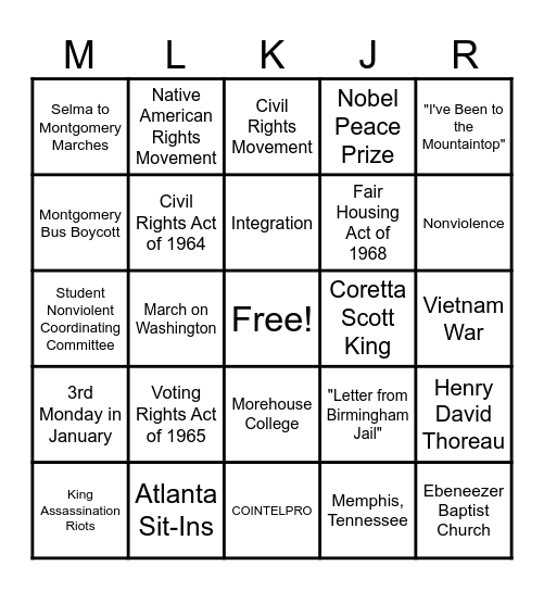 Martin Luther King Jr. Bingo Card