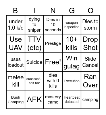Warzone bingo Card