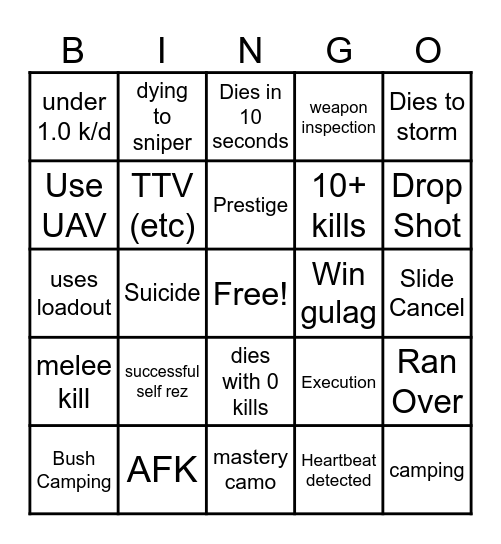Warzone bingo Card