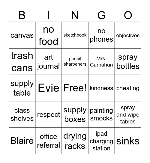 Art Slides BINGO Card