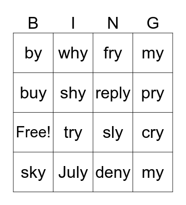 Y /i/ Sound Bingo Card