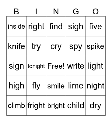 Long Vowel i (igh, i_e, y, i) Bingo Card