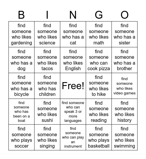 Intermediate ESL Icebreaker Bingo Card