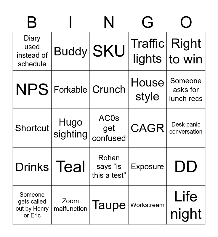 Training Bingo Card